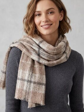 AEO American Eagle Cozy Plaid Knit Scarf Wrap in Grey Taupe and Cream 100”